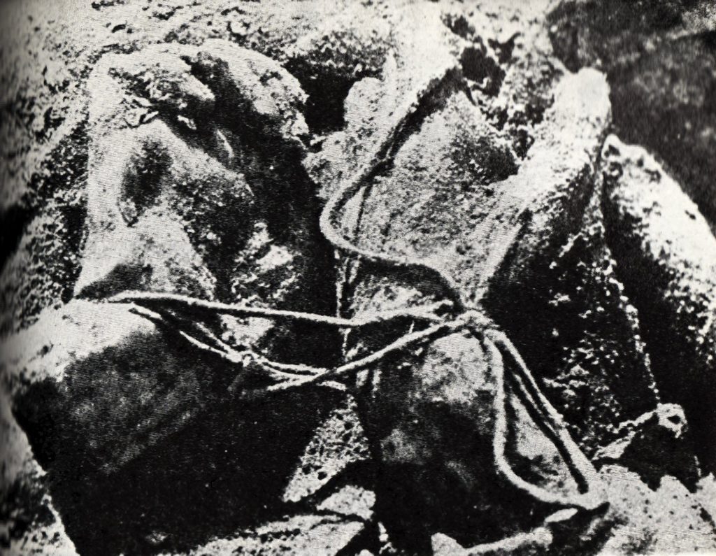 Czarno-białe zdjęcie związanych rąk ofiary mordu katyńskiego.
