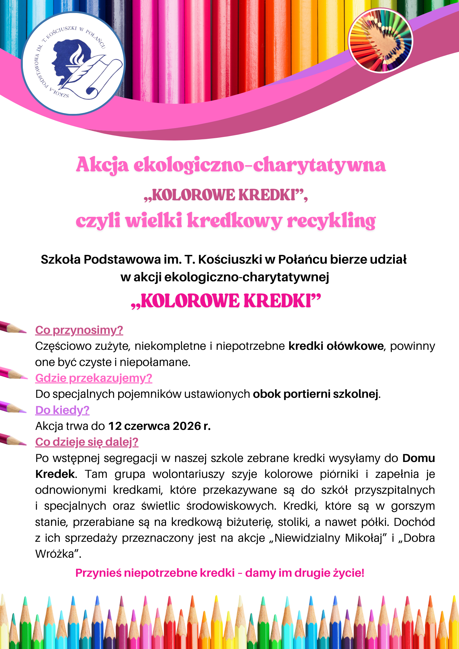  Akcja ekologiczno-charytatywna &bdquo;KOLOROWE KREDKI&rdquo;, czyli wielki kredkowy recykling  Szkoła Podstawowa im. T.  Kościuszki w&nbsp;Połańcu bierze udział w&nbsp; akcji ekologiczno-charytatywnej &bdquo;KOLOROWE KREDKI&rdquo;.  Co przynosimy? Częściowo zużyte, niekompletne i&nbsp;niepotrzebne kredki oł&oacute;wkowe, powinny one być czyste i&nbsp;niepołamane. Gdzie przekazujemy? Do specjalnych pojemnik&oacute;w ustawionych obok portierni szkolnej. Do kiedy? Akcja trwa do 12 czerwca 2026 r. Co dzieje się dalej? Po wstępnej segregacji w&nbsp;naszej szkole zebrane kredki wysyłamy do Domu Kredek. Tam grupa wolontariuszy szyje kolorowe pi&oacute;rniki i&nbsp;zapełnia je odnowionymi kredkami, kt&oacute;re przekazywane są do szk&oacute;ł przyszpitalnych  i&nbsp;specjalnych oraz&nbsp;świetlic środowiskowych. Kredki, kt&oacute;re są w&nbsp;gorszym stanie, przerabiane są na&nbsp;kredkową biżuterię, stoliki, a&nbsp;nawet p&oacute;łki. Doch&oacute;d  z&nbsp;ich sprzedaży przeznaczony jest na&nbsp;akcje &bdquo;Niewidzialny Mikołaj&rdquo; i&nbsp;&bdquo;Dobra Wr&oacute;żka&rdquo;.  Przynieś niepotrzebne kredki &ndash; damy im drugie życie!