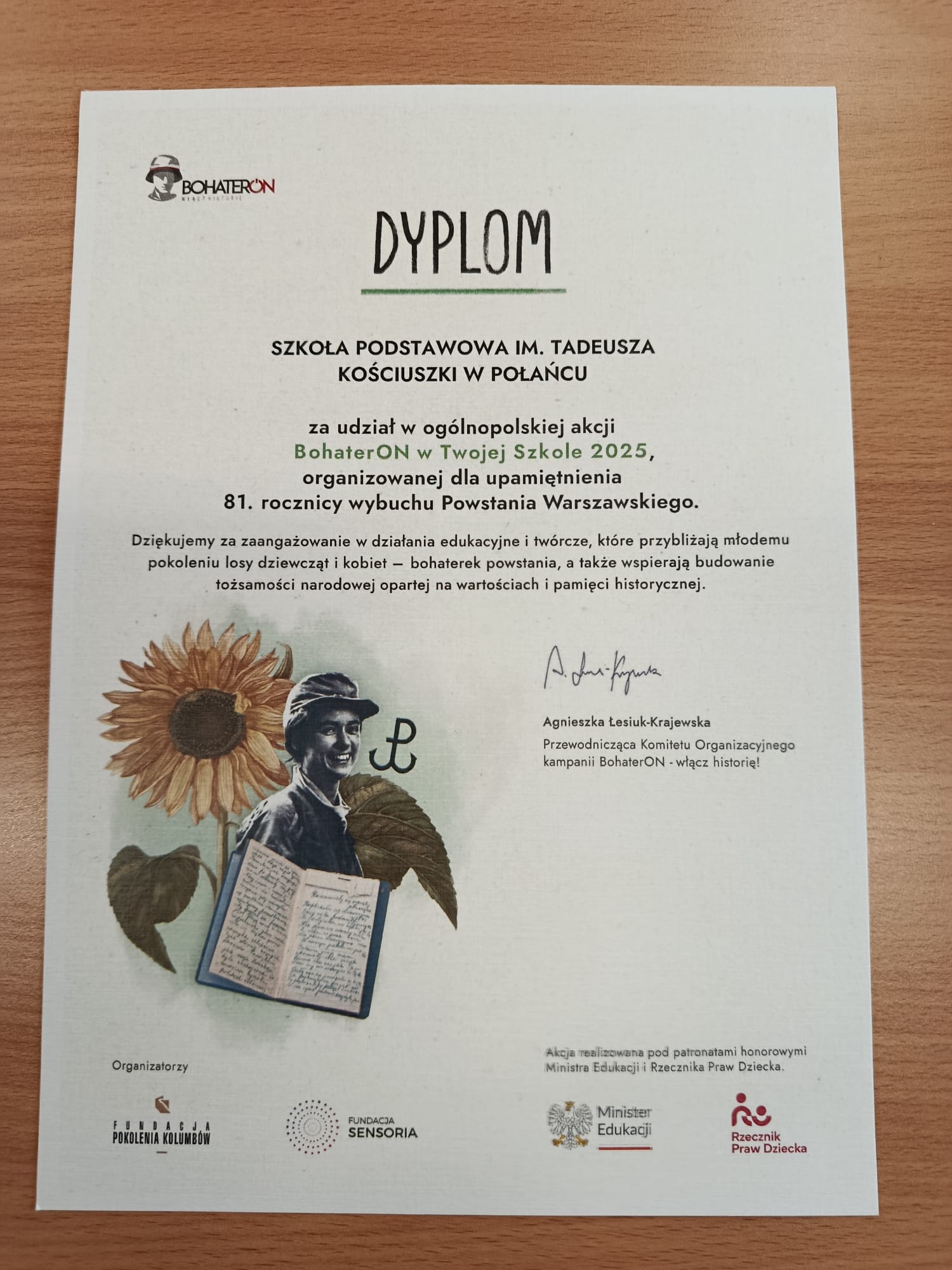 Dyplom "BohaterON w&nbsp;Twojej Szkole 2025"
